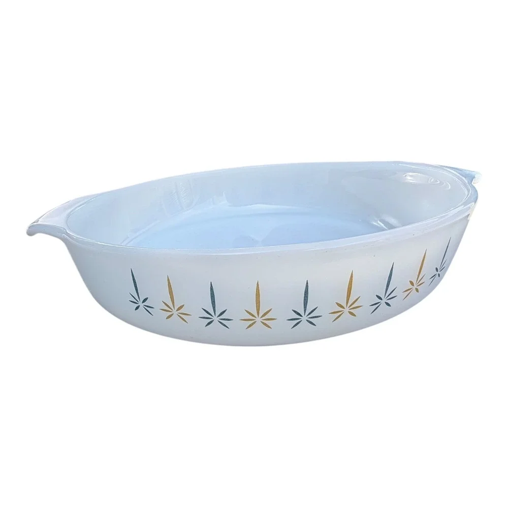 Anchor Hocking Fire-King Casserole Dish 9 Inch Round White Atomic Starburst Gold